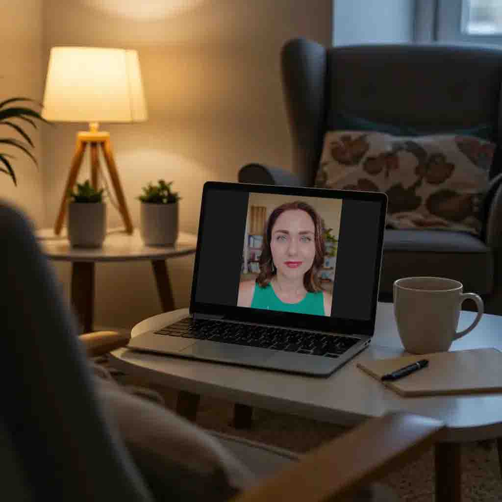 Dr. Emily Kruger providing secure online telehealth therapy sessions in California